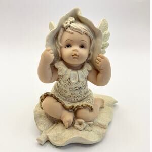 Vintage Baby Angel Figurine with Wings Sitting on Leaf Base
